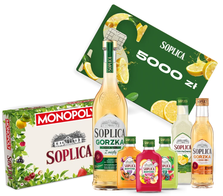Nagroda I stopnia: karta przedpłacowa Soplica 5000 zł, gra planszowa Monopoly Soplica i zestaw produktów Soplica