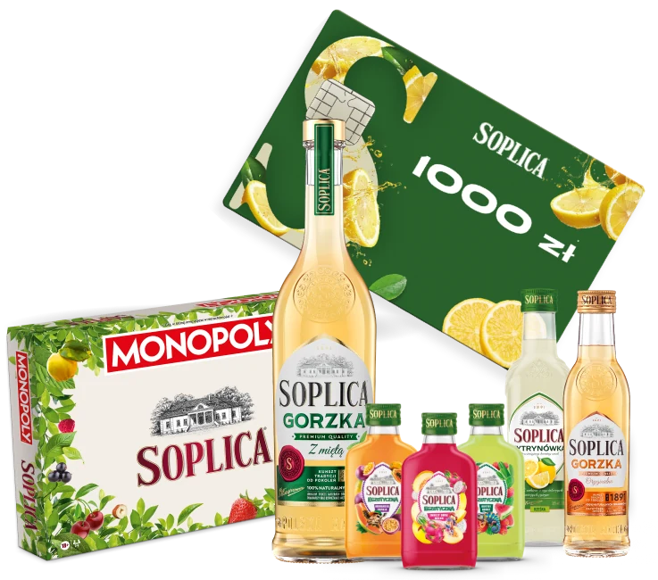 Nagroda II stopnia: karta przedpłacowa Soplica 1000 zł, gra planszowa Monopoly Soplica i zestaw produktów Soplica